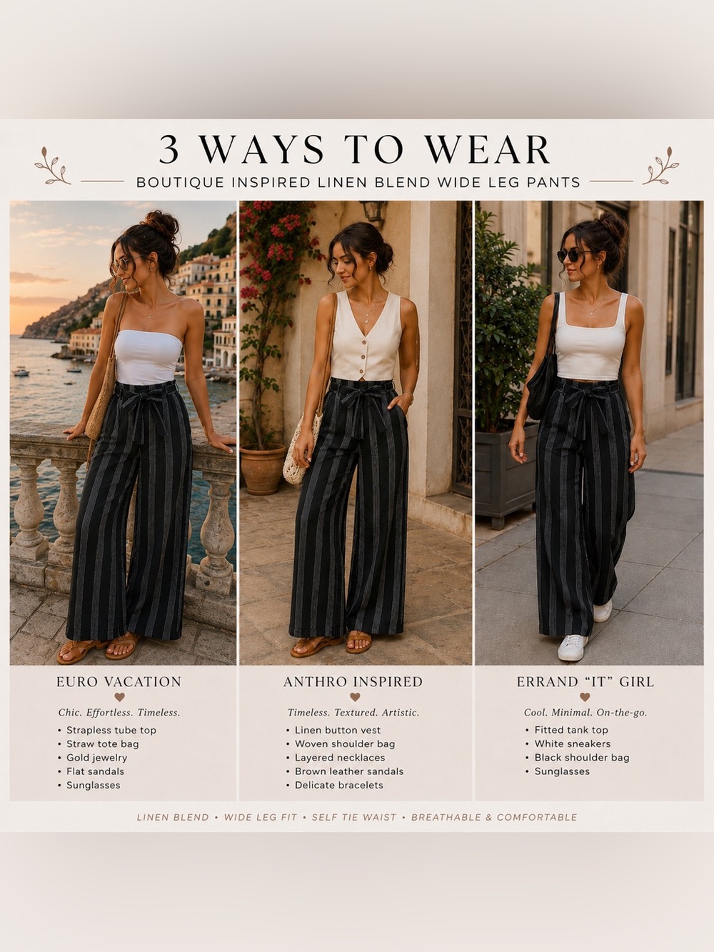 Boutique Inspired Linen Blend Wide Leg Pants | Vacation Coastal Striped Pants - Picture 3 of 7